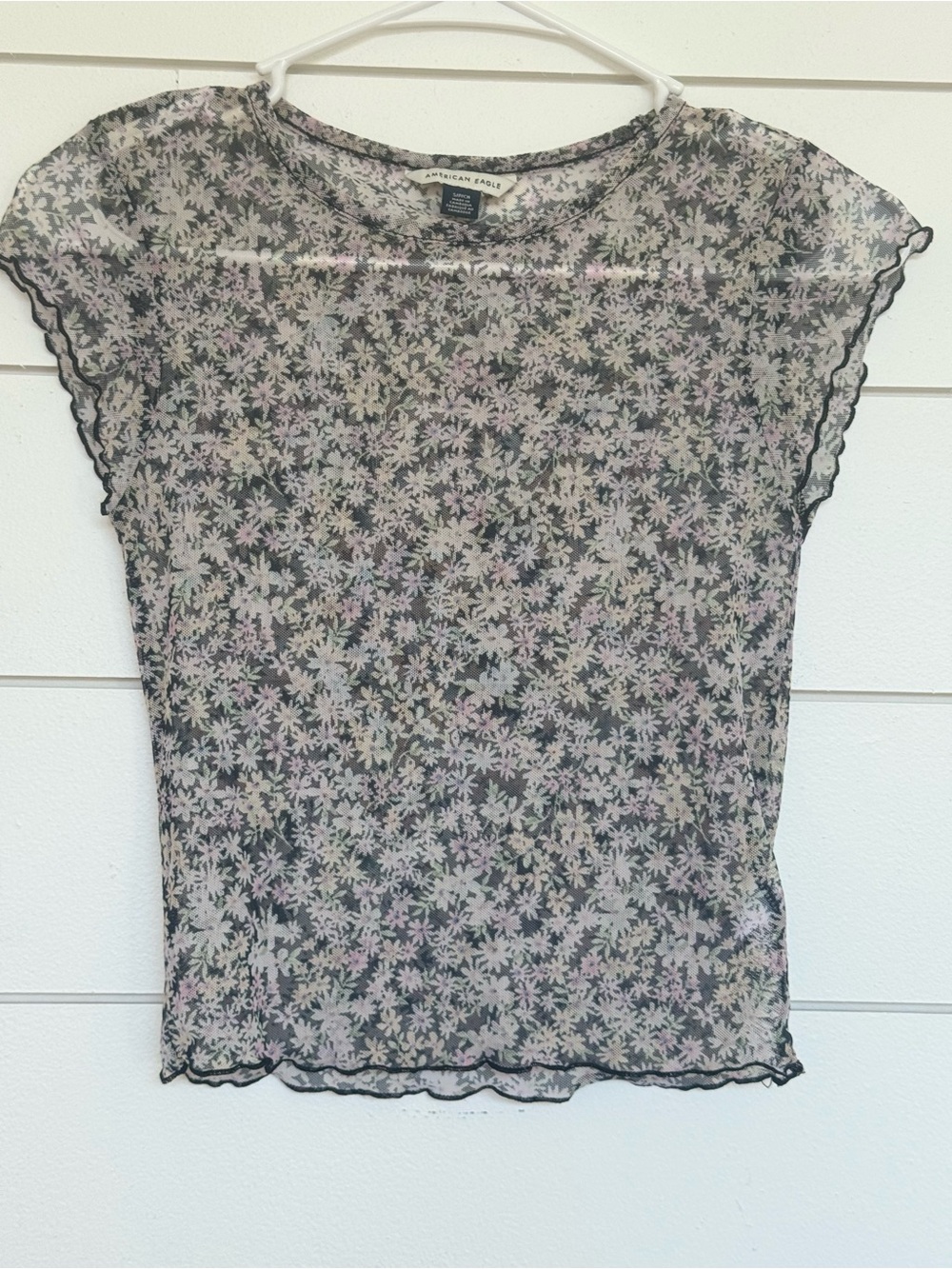 American Eagle Outfitters Sheer Floral Short Sleeve Top - Black & Pink